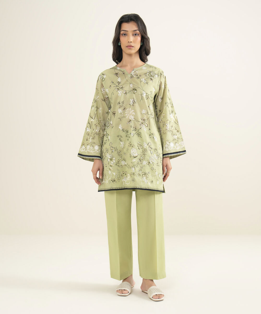 Women's RTW Lawn Embroidered Green Straight Shirt