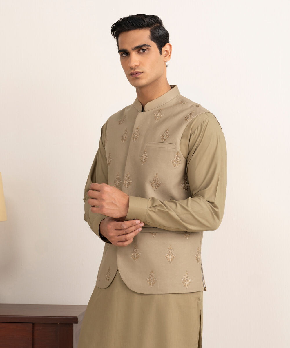 Men'S Stitched Khaki Cotton Dobby Waistcoat