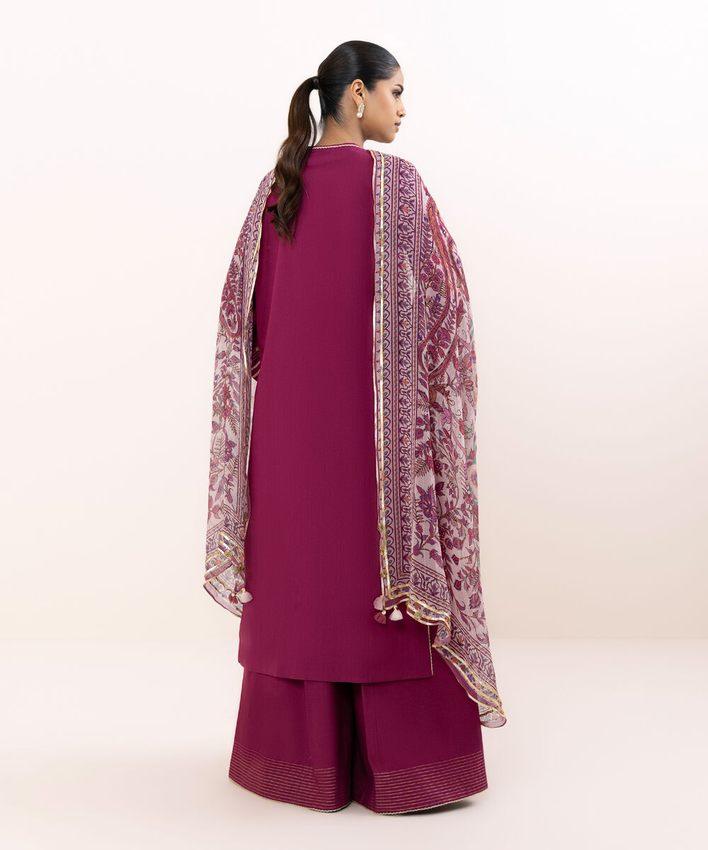Women's Unstitched Raw Silk  Embroidered Magenta  3 Piece Suit