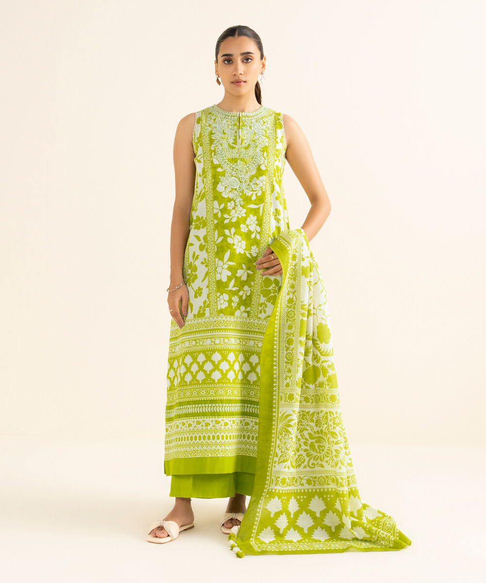Women's Unstitched Lawn Embroidered Green 3 Piece Suit