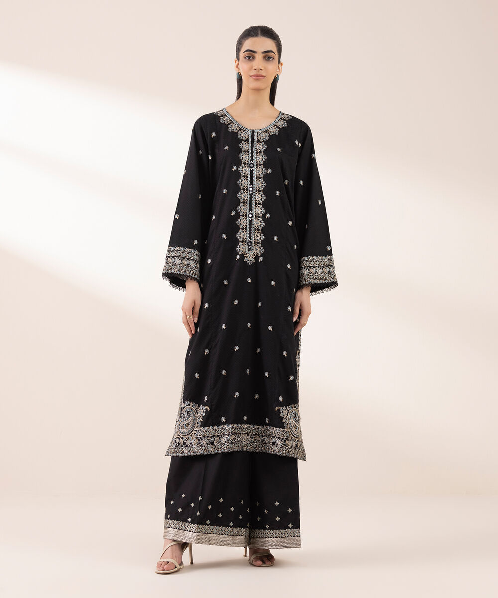 Women's RTW Dobby Black Embroidered A-Line Shirt