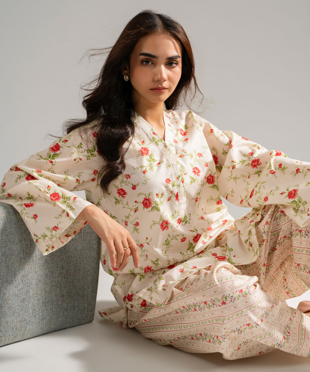 Women's RTW Lawn Printed Off White Straight Shirt