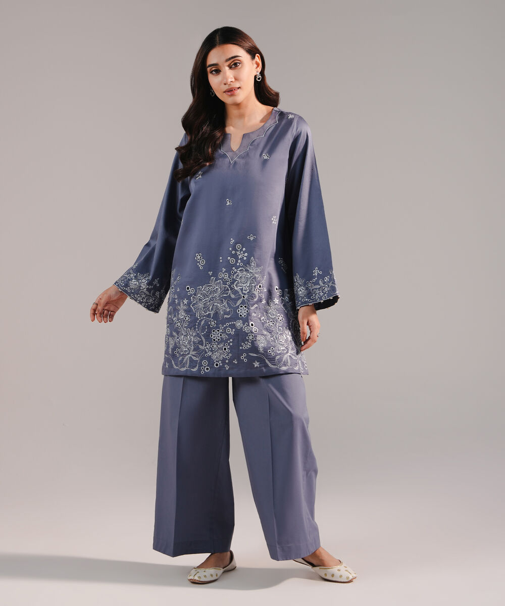 Women's RTW Cotton Satin Embroidered Steel Grey Straight Shirt