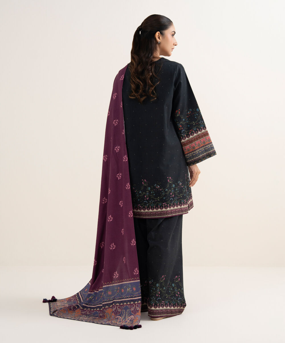 Women's Unstitched Printed Light Khaddar Black 3 Piece Suit