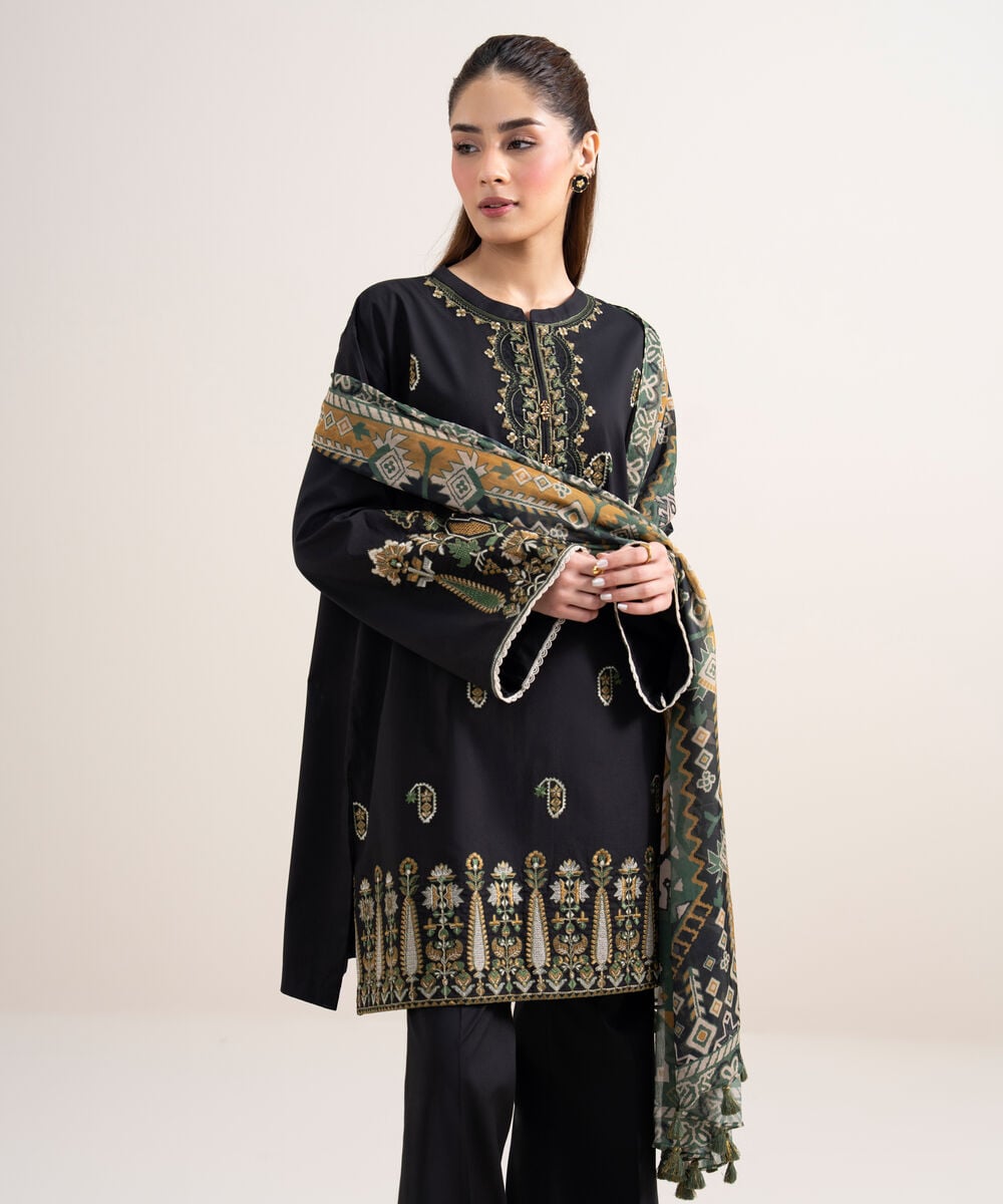 Women's Unstitched Dobby Embroidered Black 3 Piece Suit