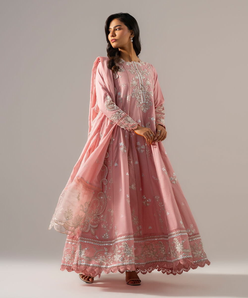 Women's RTW Dobby Solid Embroidered Pink 3 Piece Suit