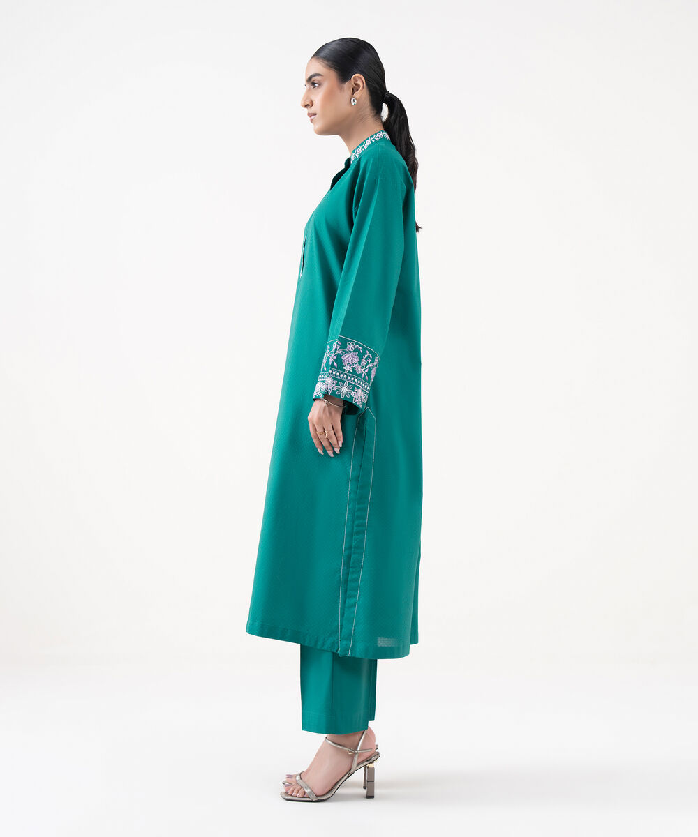 Women's RTW Textured Lawn Blue Embroidered A-Line Shirt