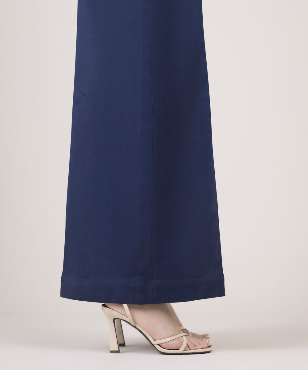 Women's RTW Cotton Linen Blue Solid Flared Pants