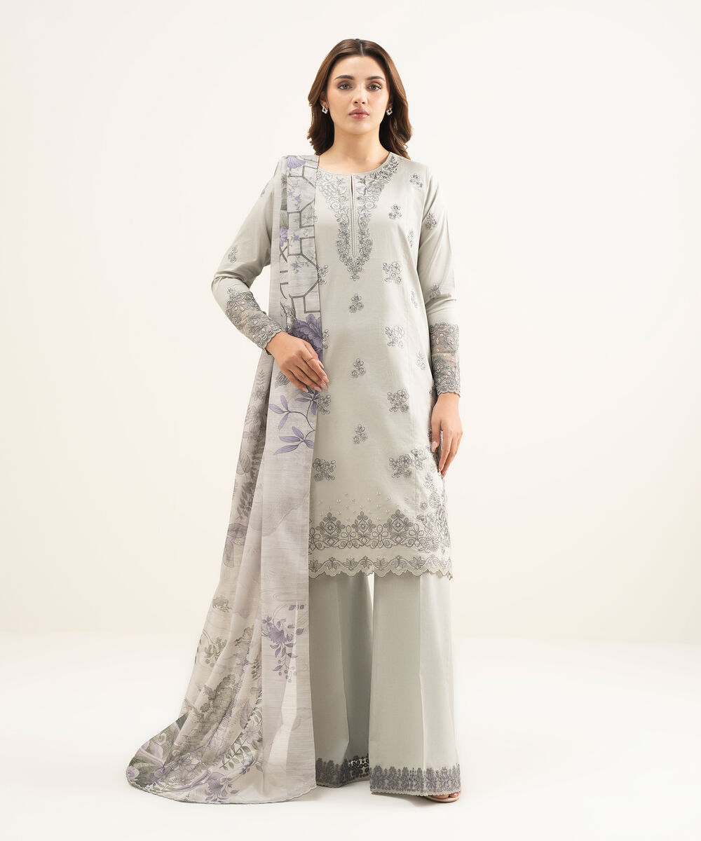 Women's Unstitched Textured Lawn Grey Embroidered 3 Piece Suit
