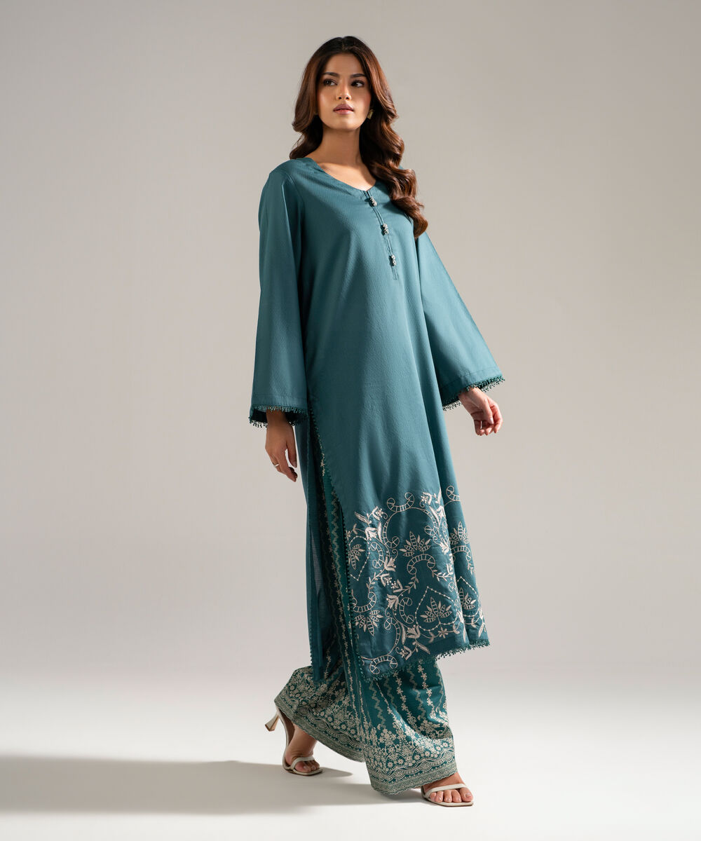 Women's RTW Dobby Embroidered Teal 2 Piece Suit