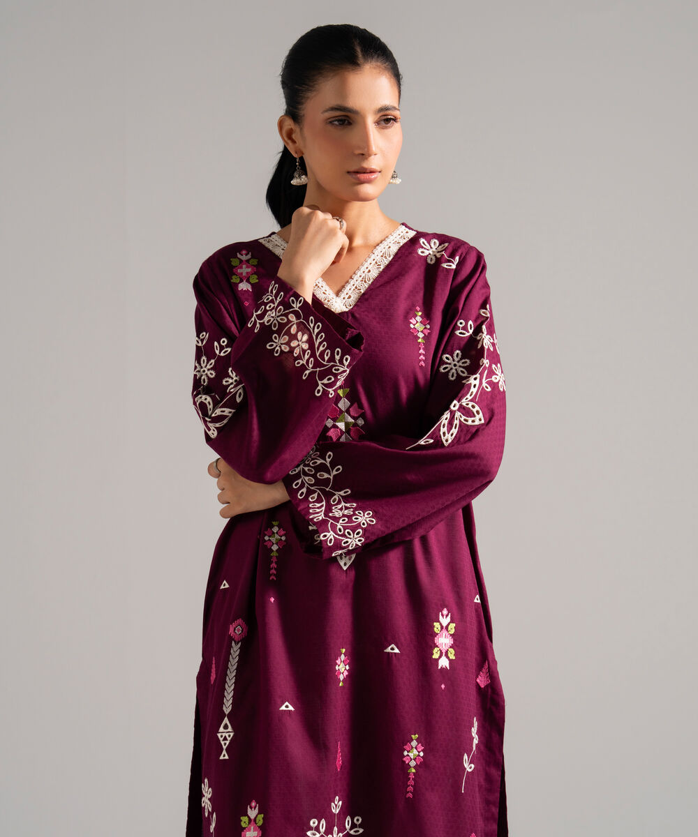 Women's RTW Dobby Embroidered Pink A-Line Shirt