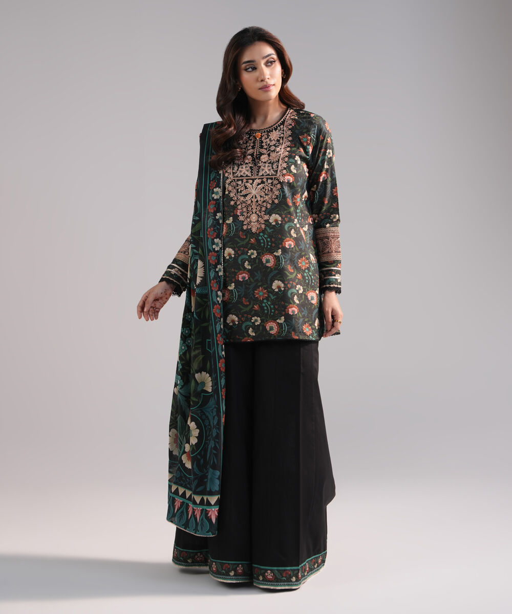 Women's RTW Zari Lawn Embroidered Black 3 Piece Suit