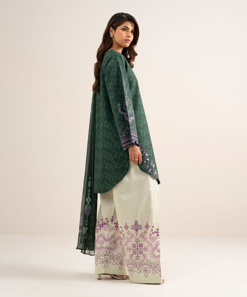 Women's Unstitched Cotton Printed Green  3 Piece Suit