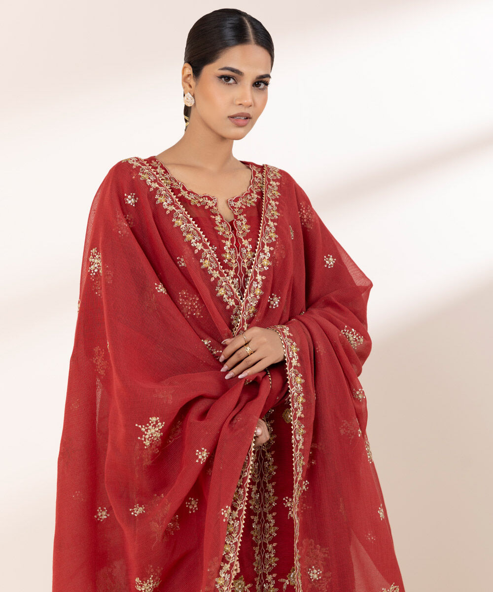 Women's RTW Blended Textured Karandi Red Embroidered Three Piece Suit