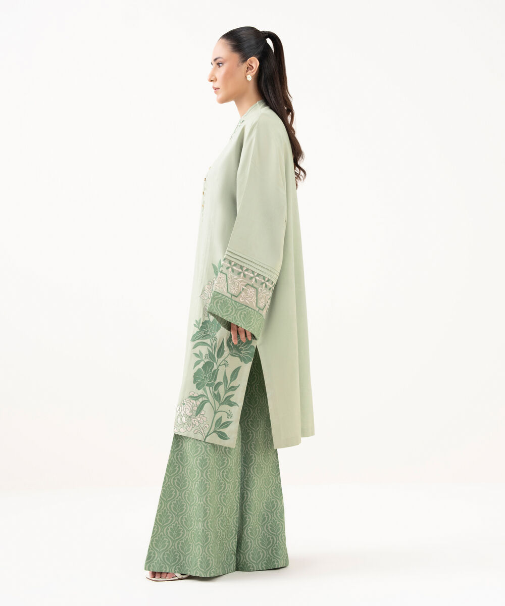 Women's Unstitched Linen Embroidered Green 2 Piece Suit