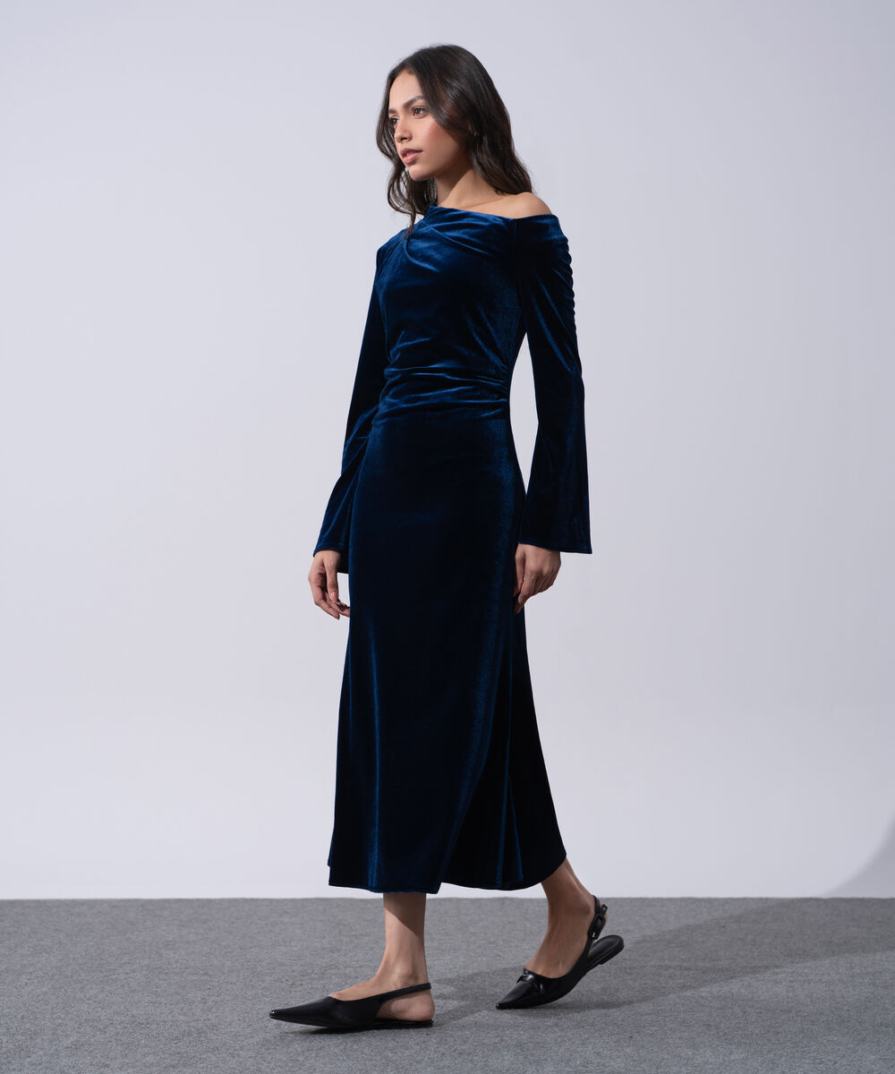Women's Western Wear Blue Polyester Velvet Off-Shoulder Dress
