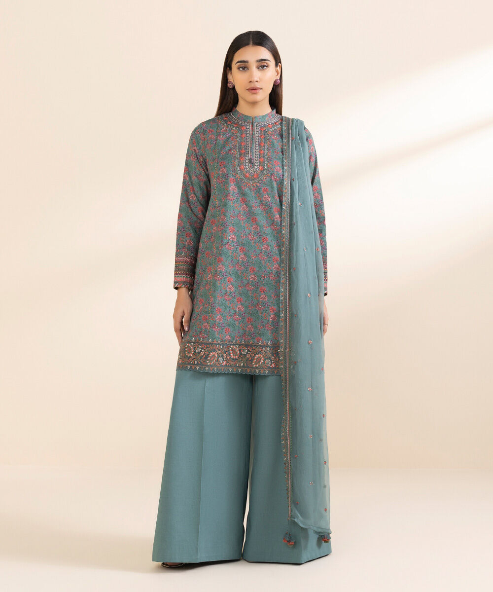 Unstitched Women's Embroidered Lawn Blue Three Piece Suit