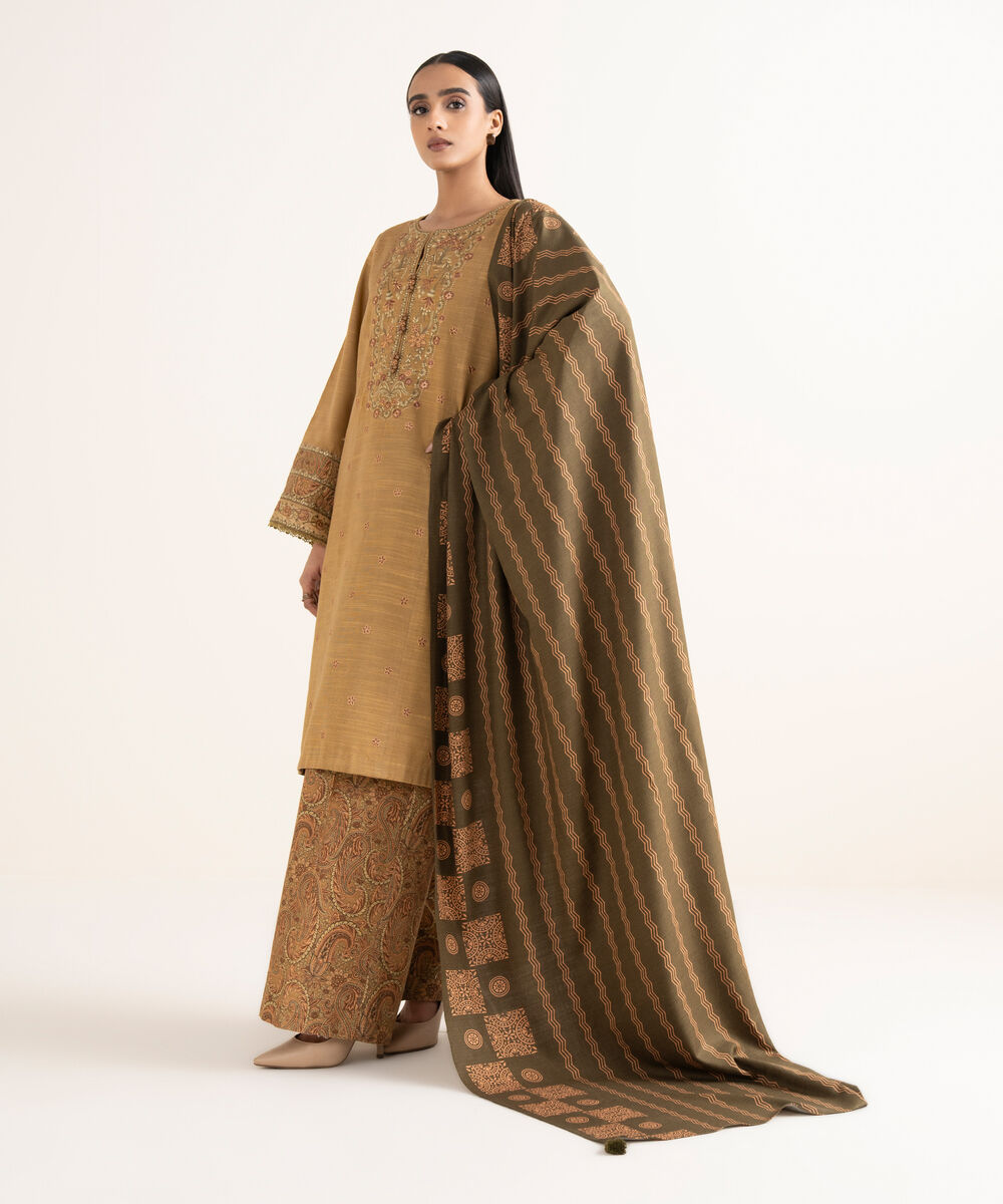 Women's Unstitched Light Khaddar Embroidered Brown 3 Piece Suit