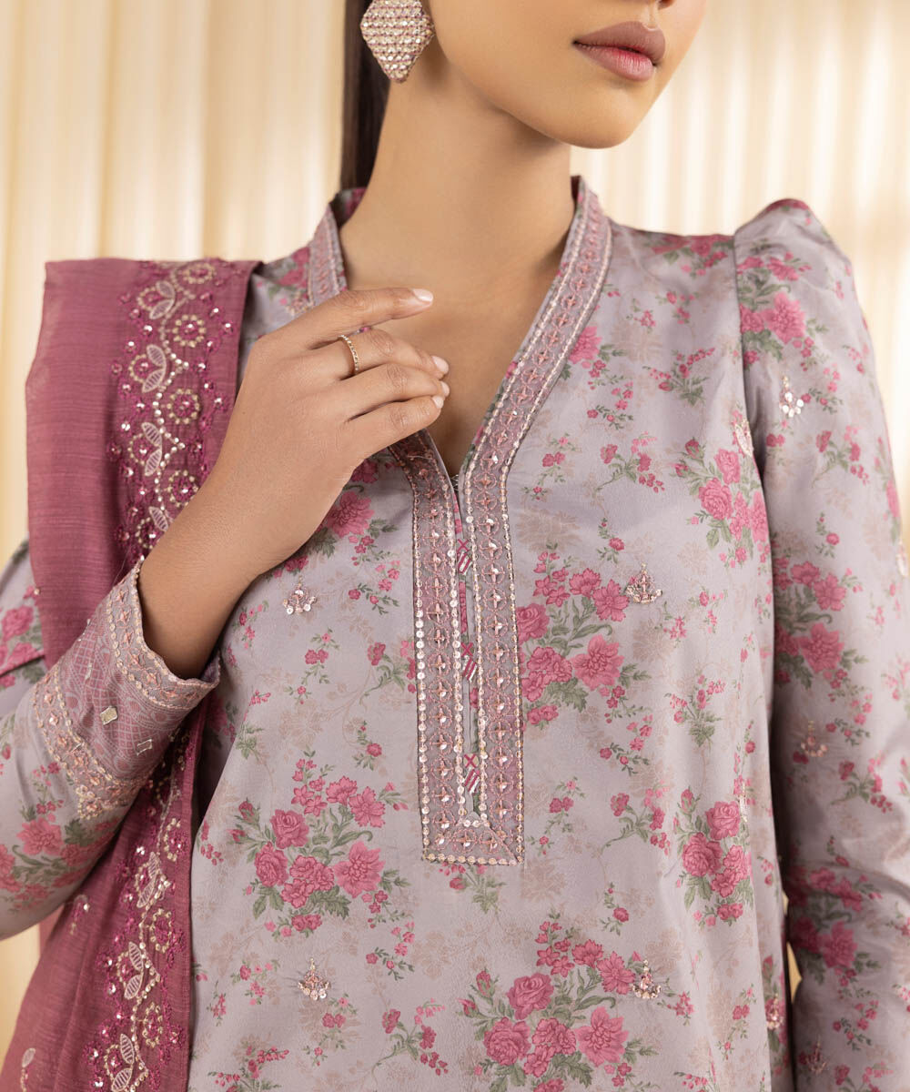 Unstitched Women's Embroidered Blended Grip Silk Grey Three Piece Suit