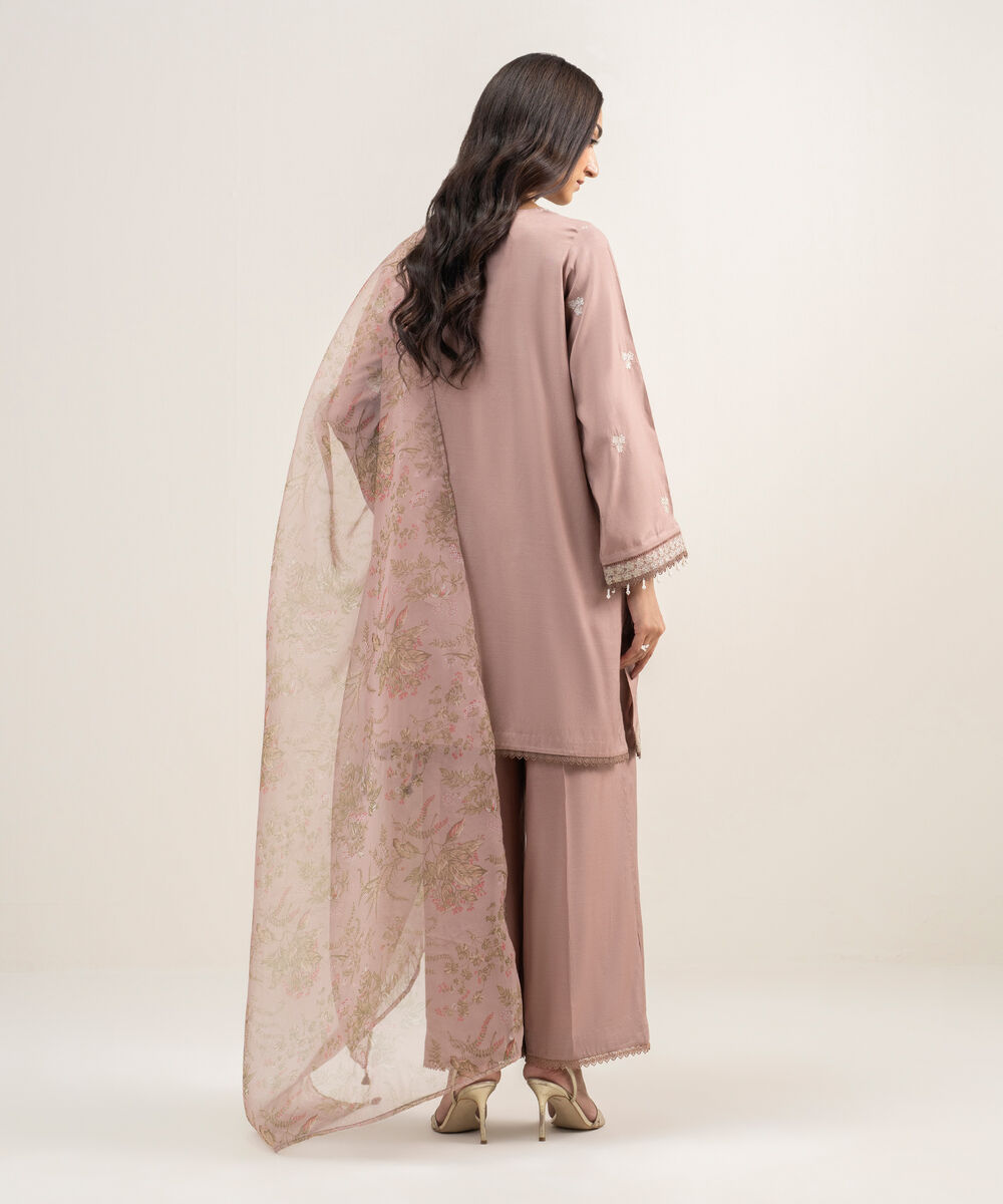 Women's RTW Viscose Raw Silk Embroidered Mauve 3 Piece Suit