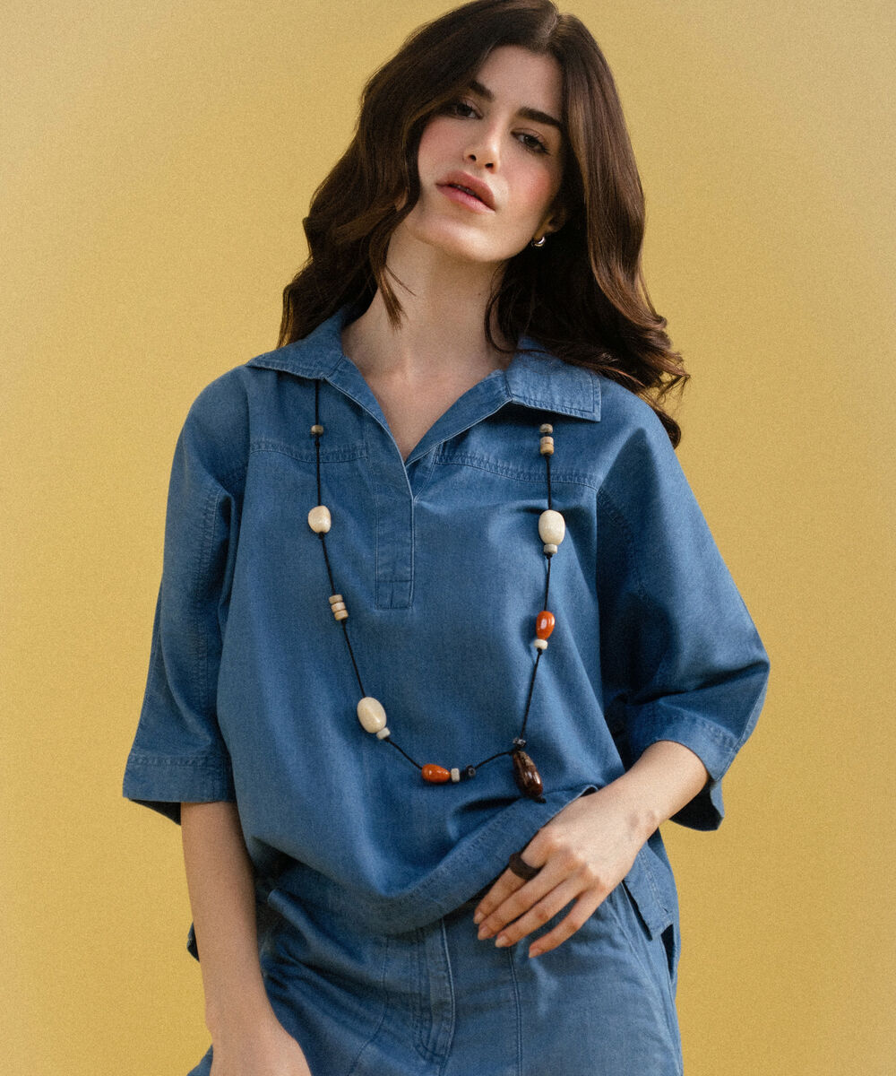 Women's Western Mid Blue Wash Denim Top With Kimono Sleeve