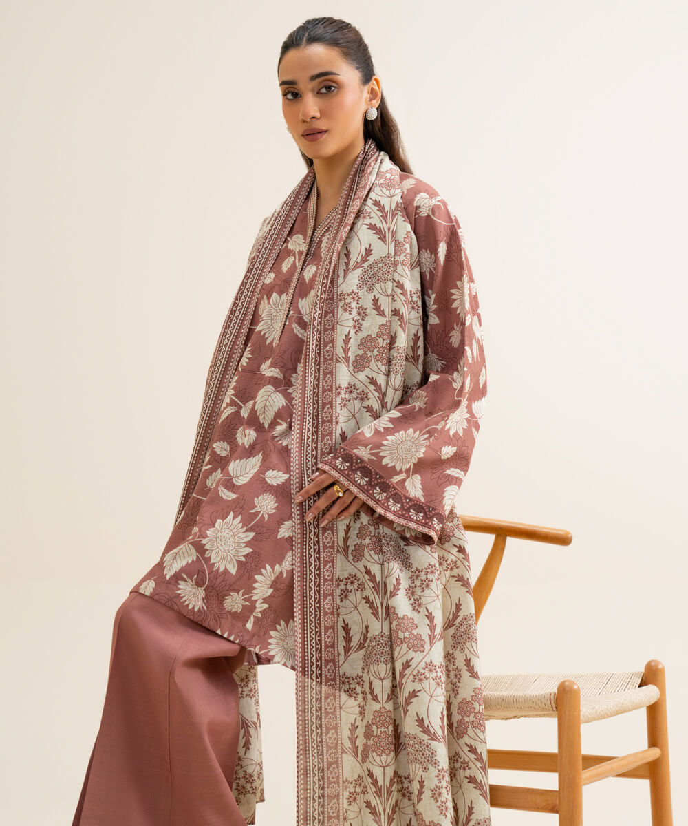 Women's Unstitched Lawn Printed Brown 3 Piece Suit