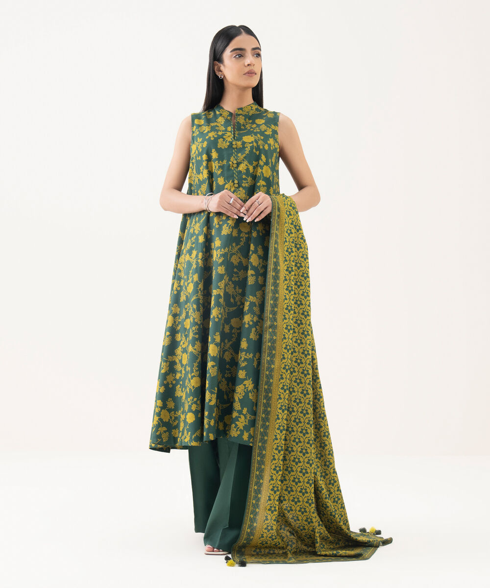 Women's Unstitched Linen Embroidered Green 3 Piece Suit