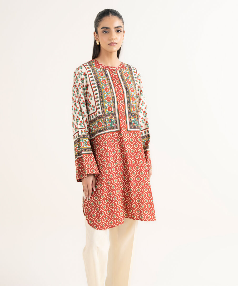 Women's RTW Textured Viscose Printed Boxy Red Shirt