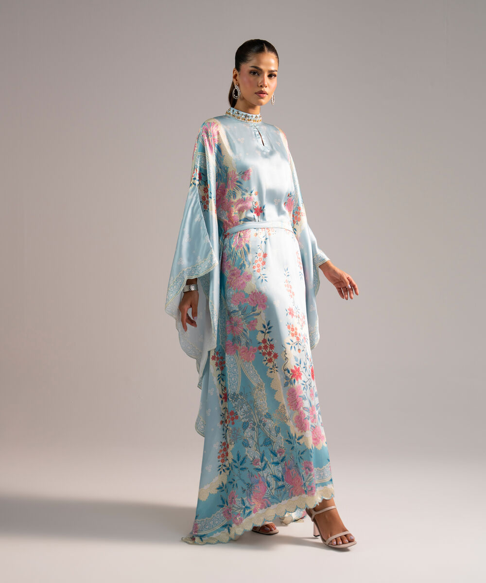 Women's RTW Blended Satin Printed Blue Kaftan