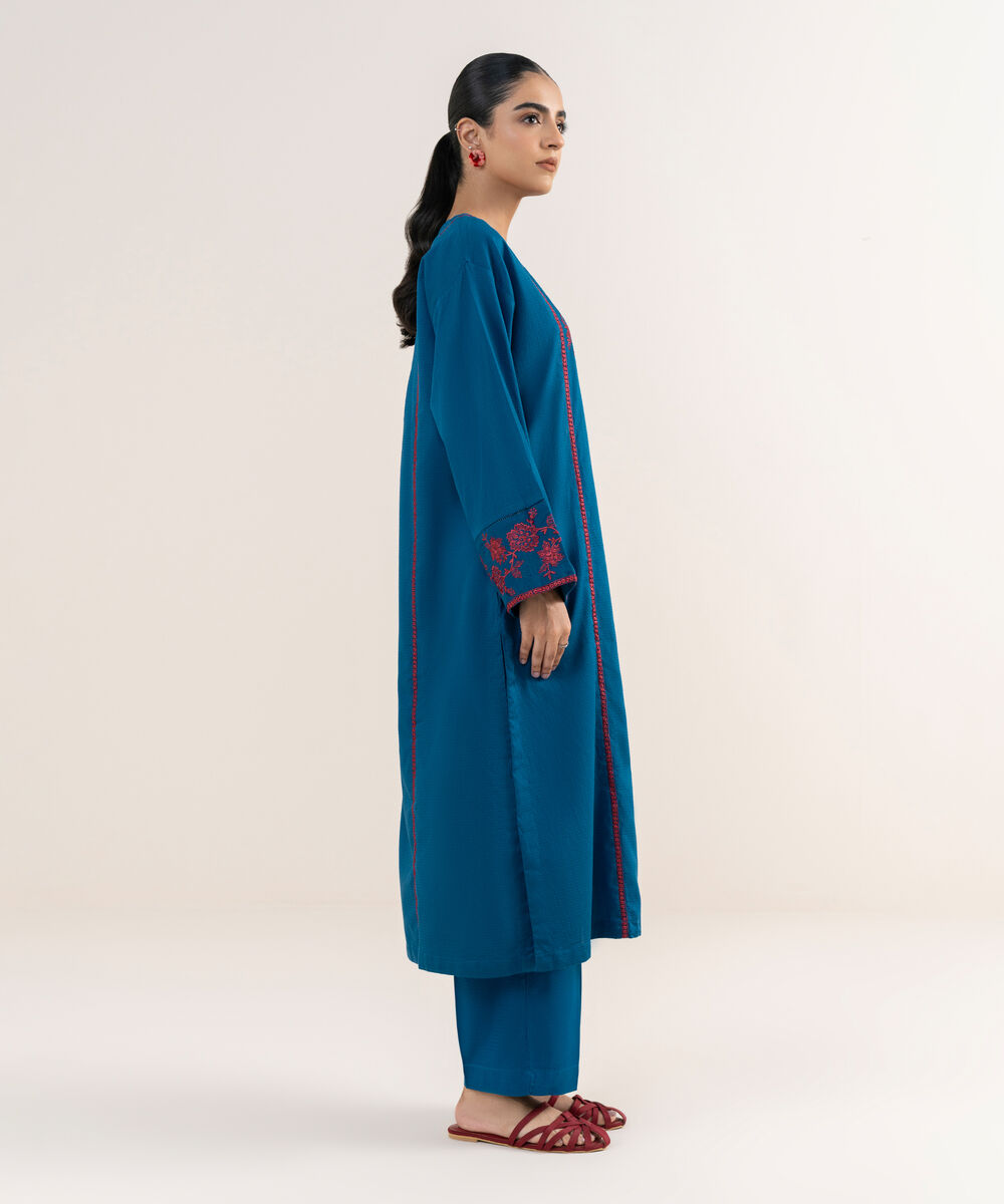 Women's RTW Textured Lawn Blue Embroidered Straight Shirt