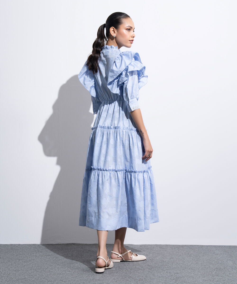 Women's Western Light Blue Tier Dress With Ruffled Details