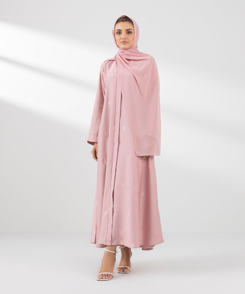 Woman - Pink Embroidered Button Through Abaya Set