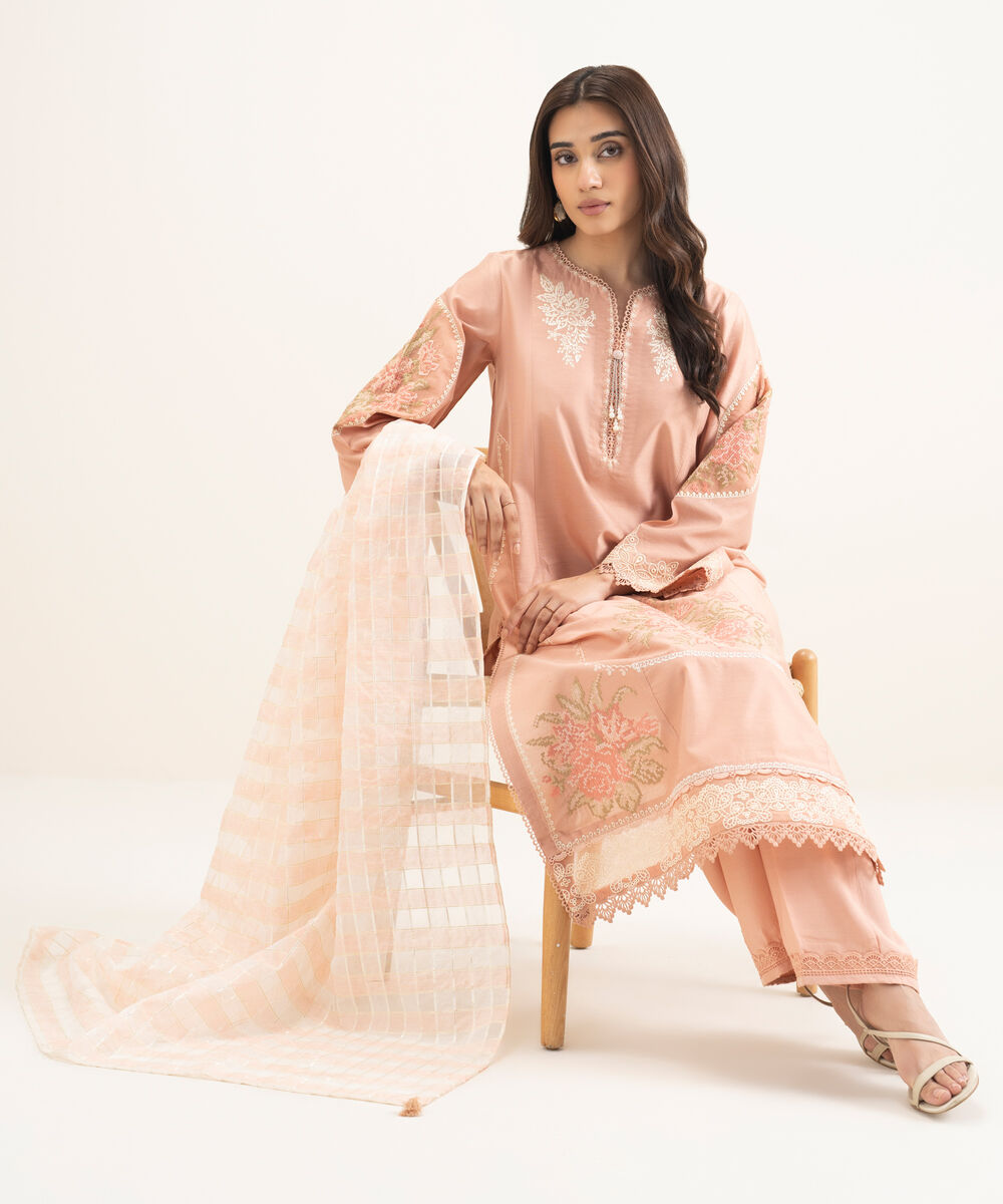 Women's RTW Silk Cotton Net Embroidered Peach 3 Piece Suit