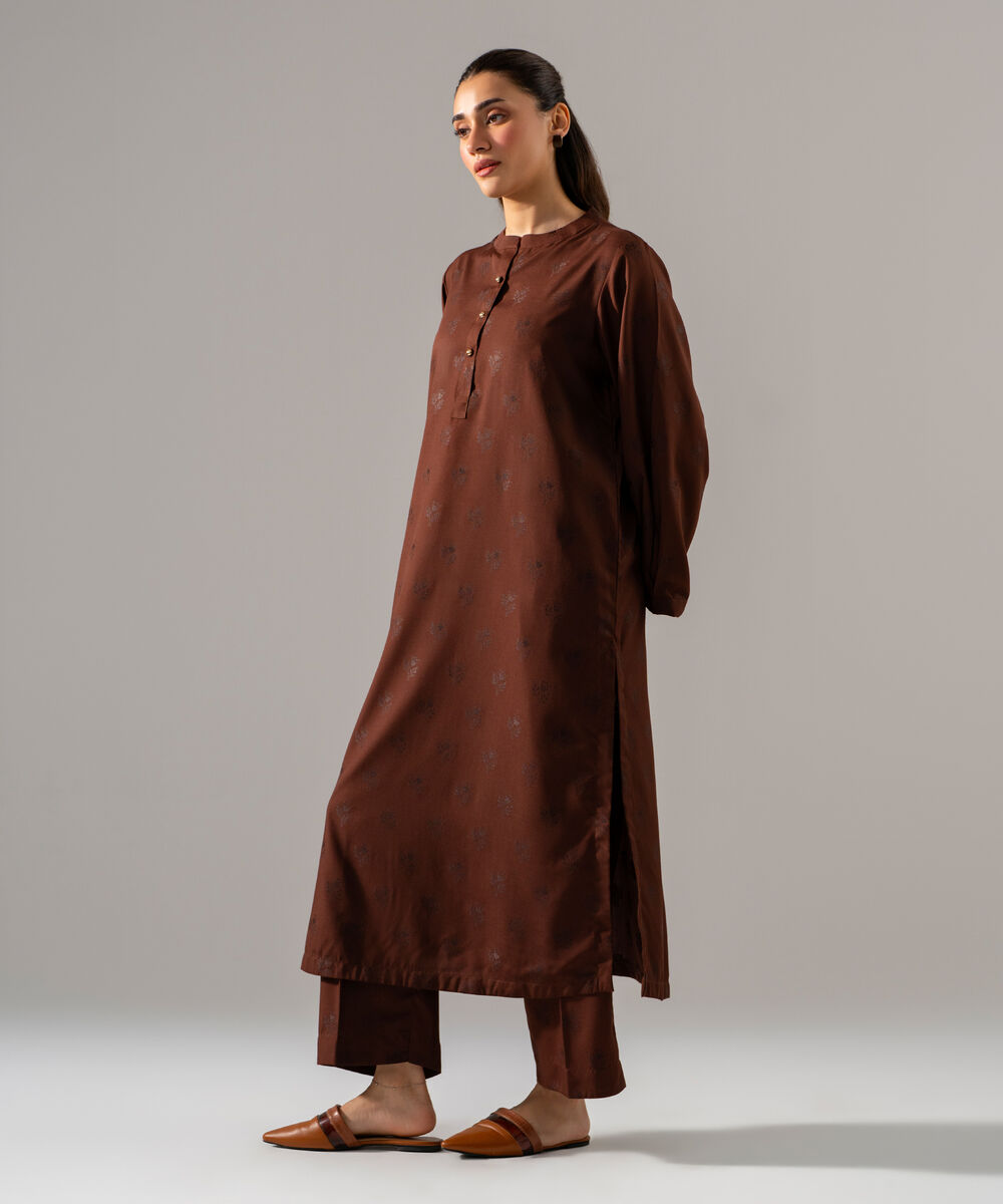 Women's RTW Poly Viscose Jacquard Solid Brown 2 Piece Suit