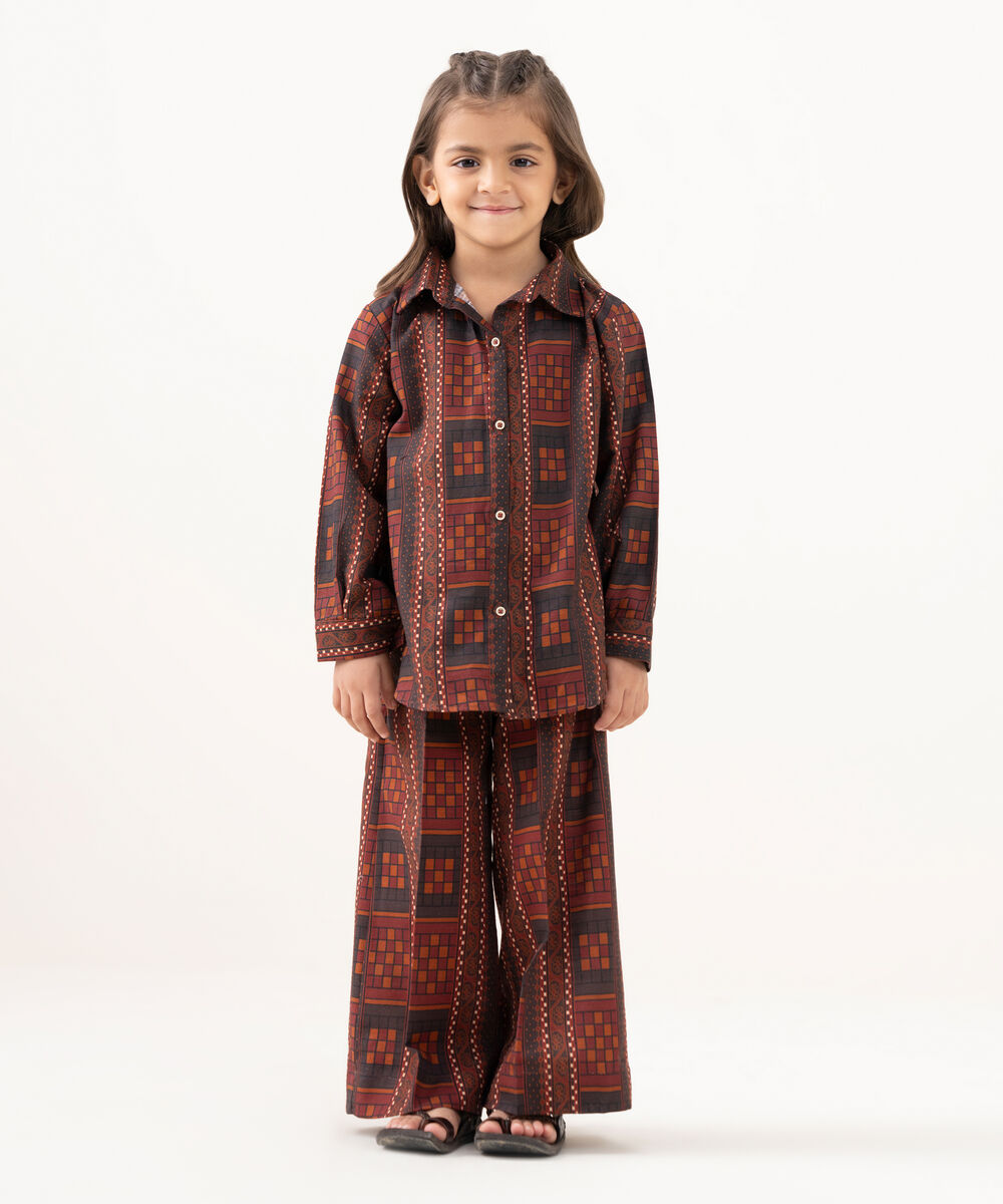 Girl's Light Khaddar Printed Brown 2 Piece Suit