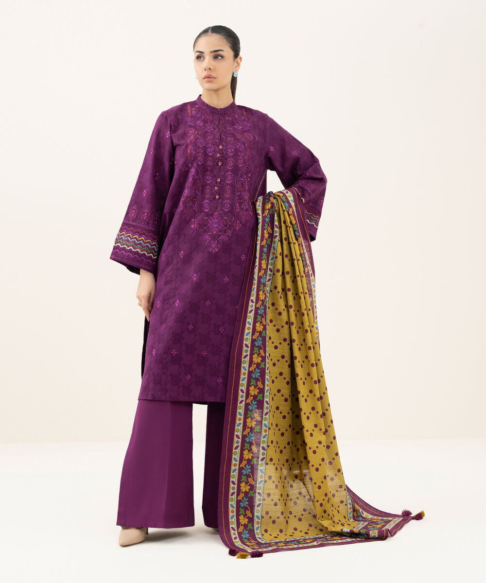 Women's Unstitched Embroidered Cotton Jacquard Purple 3 Piece Suit