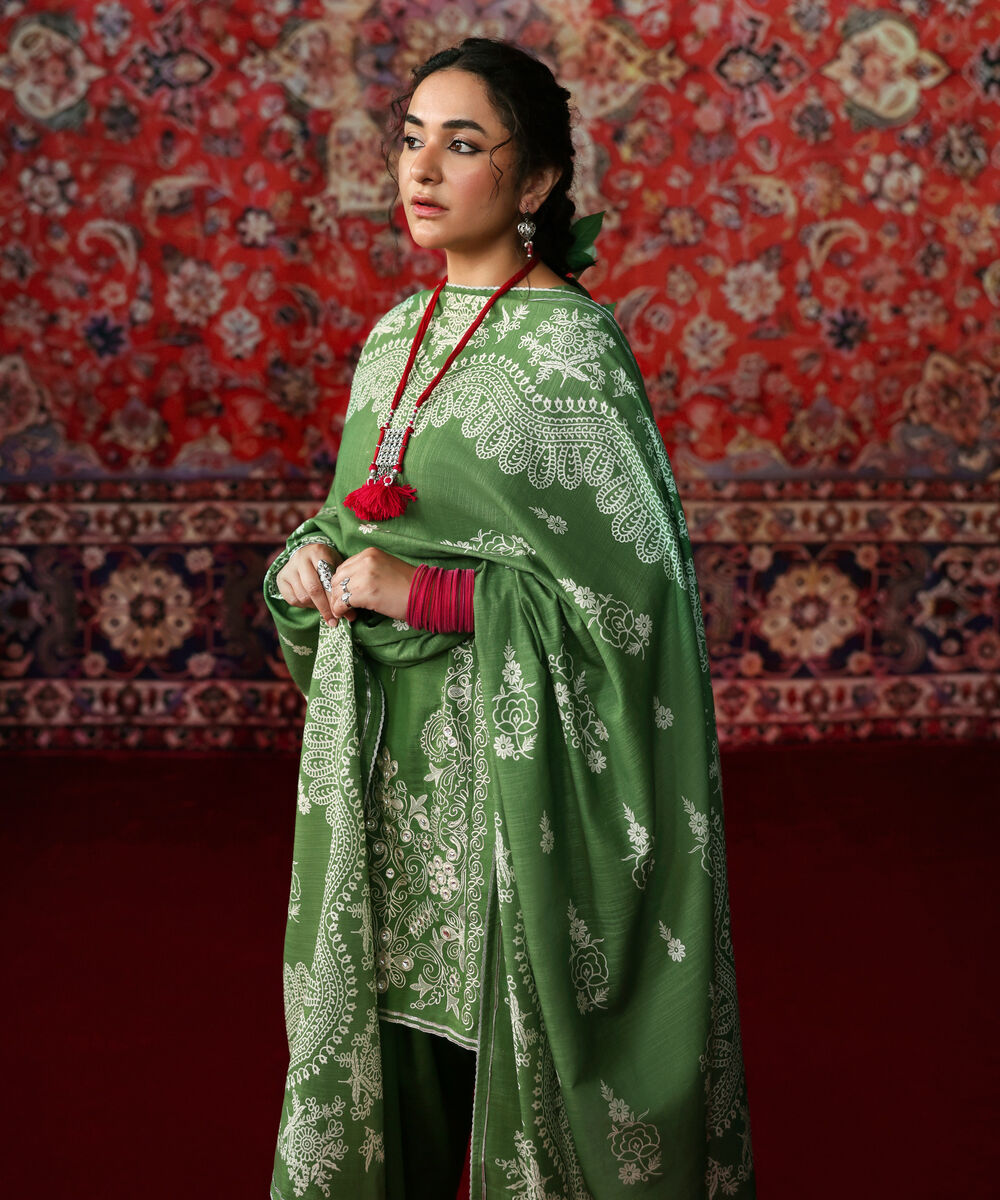 Women's Unstitched Light Khaddar Embroidered Green 3 Piece Suit