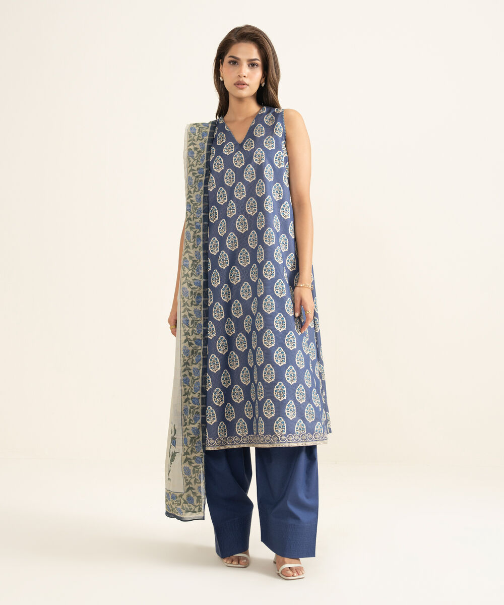 Women's Unstitched Zari Lawn Printed Blue 3 Piece Suit