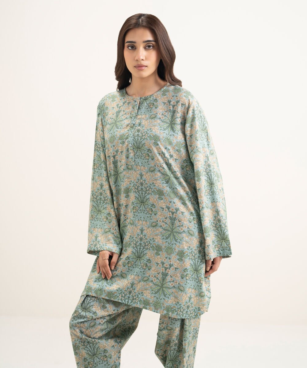 Women's RTW Arabic Lawn Printed Blue Straight Shirt