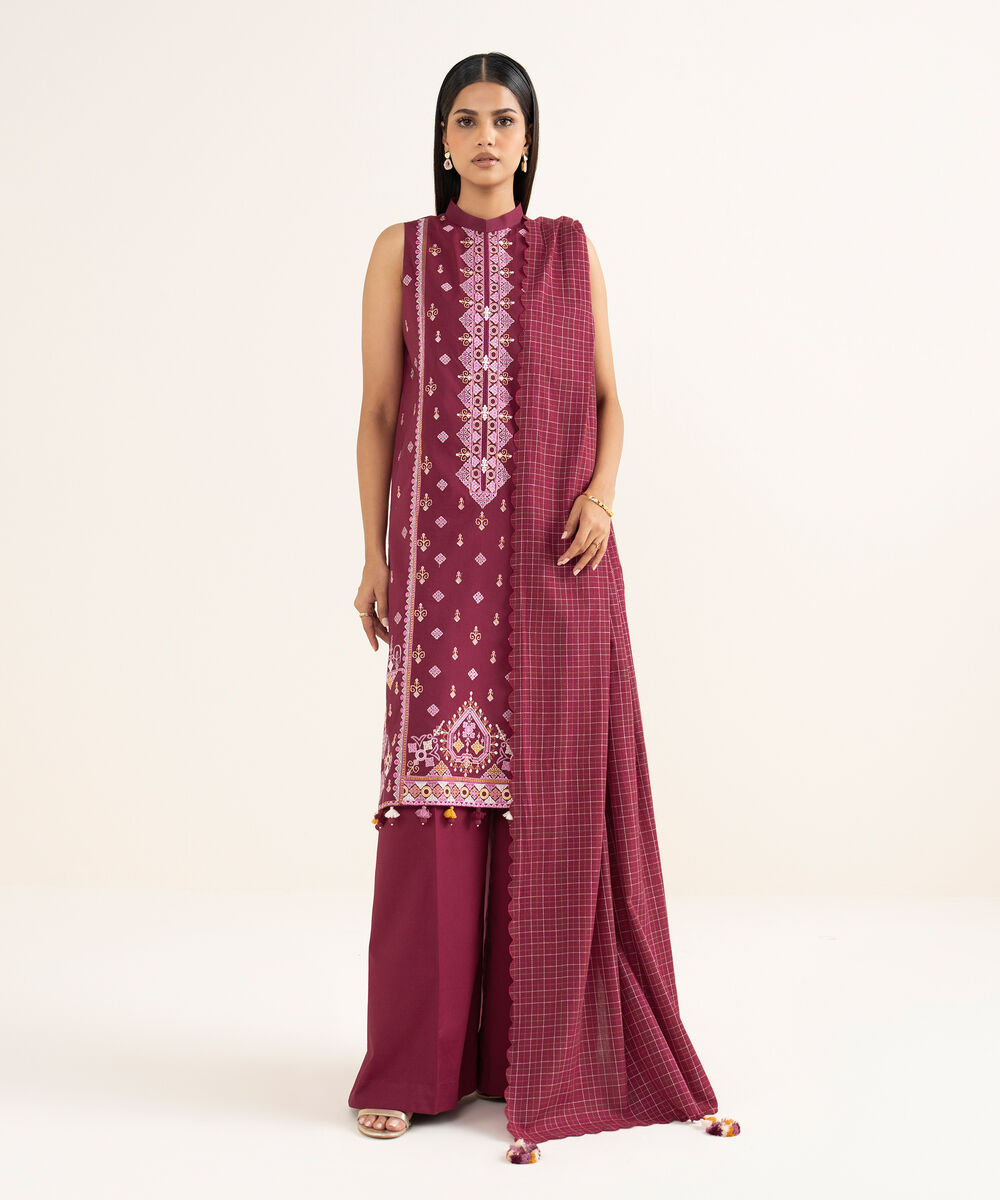 Women's Unstitched Embroidered Cotton Red 3 Piece Suit