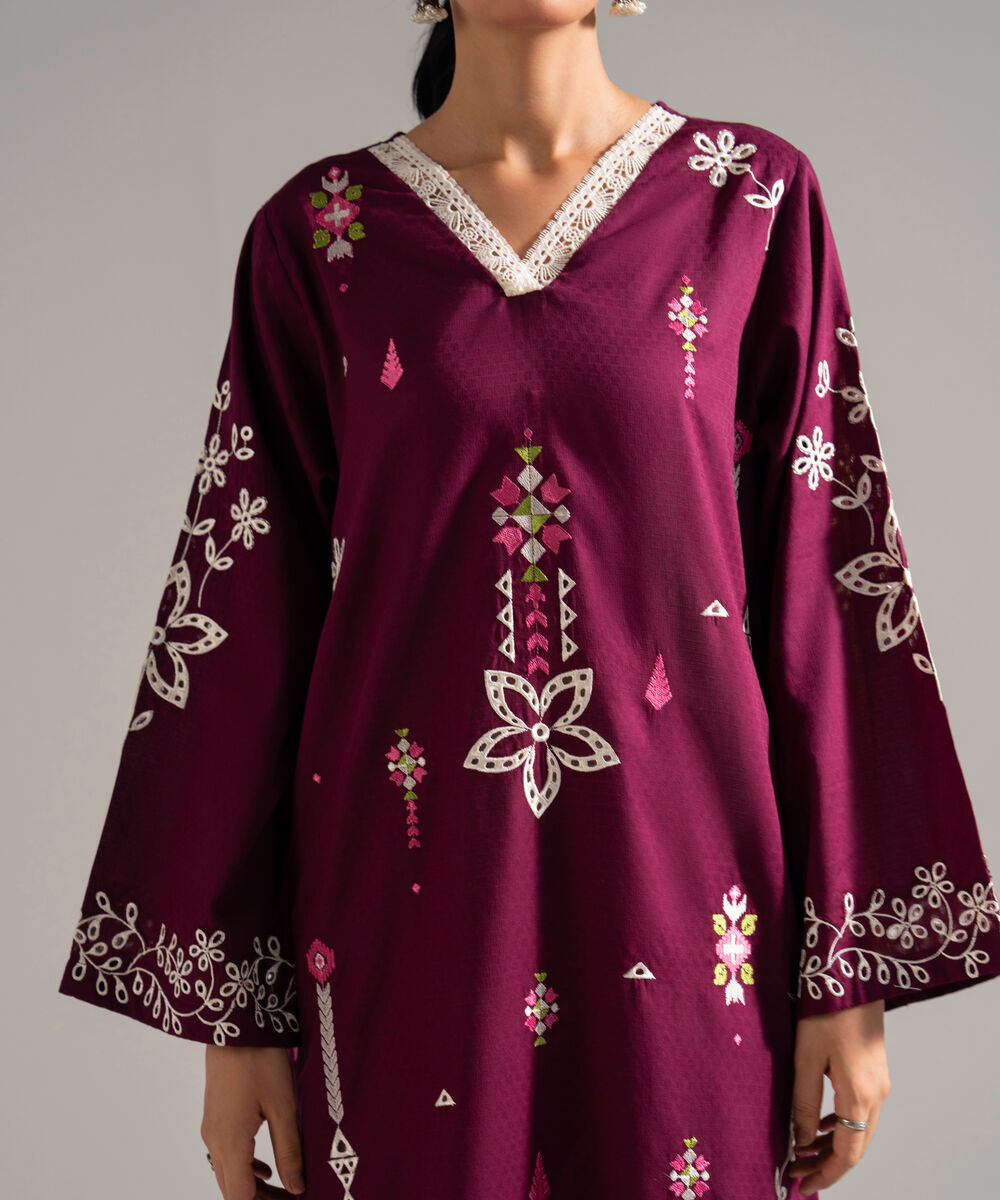 Women's RTW Dobby Embroidered Pink A-Line Shirt