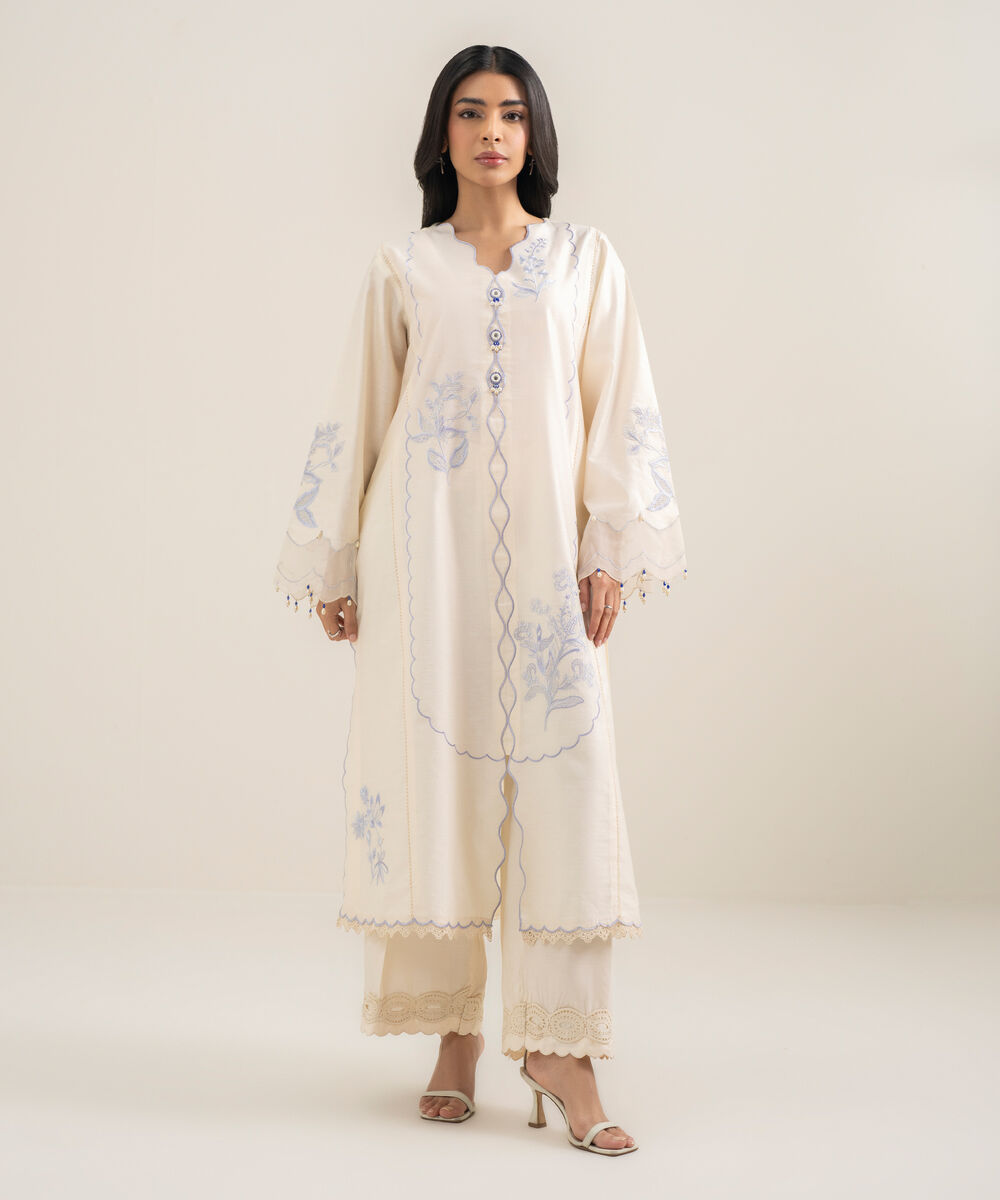 Women's RTW Silk Cotton Net Embroidered Off White 2 Piece Suit