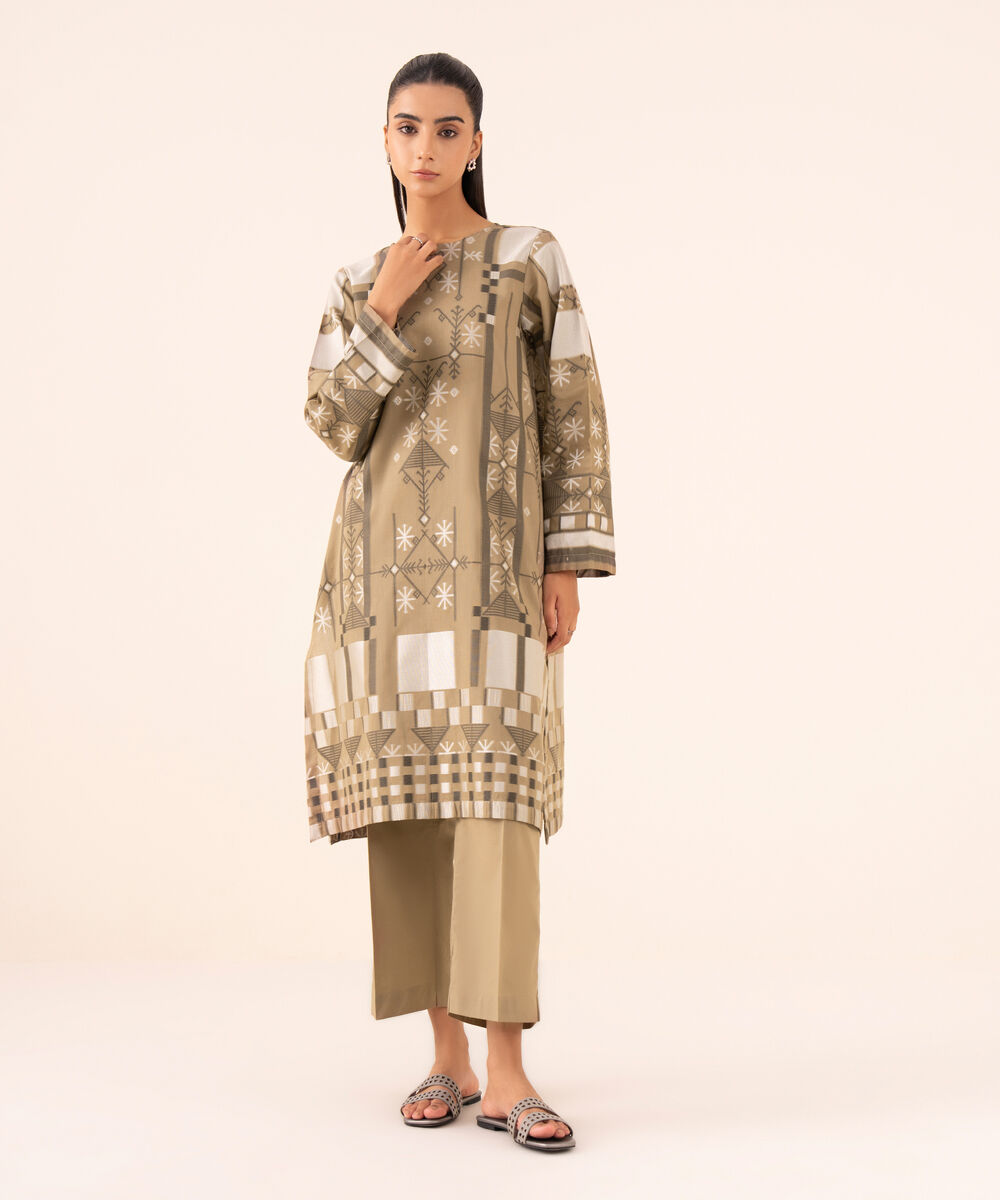 Women's RTW Extra Weft Jacquard Brown Solid A-Line Shirt
