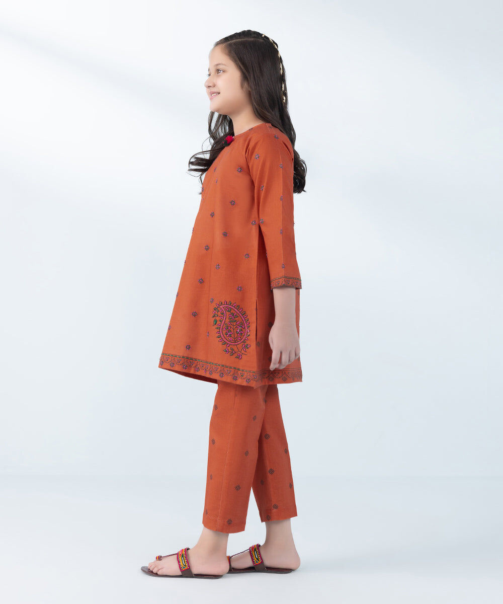 Kids East Girl's Orange 2 Piece Embroidered Khaddar Suit