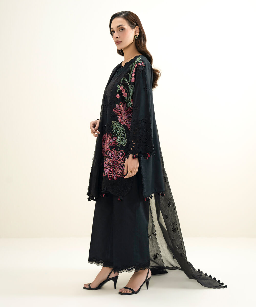 Women's Unstitched Lawn Embroidered Black 3 Piece Suit