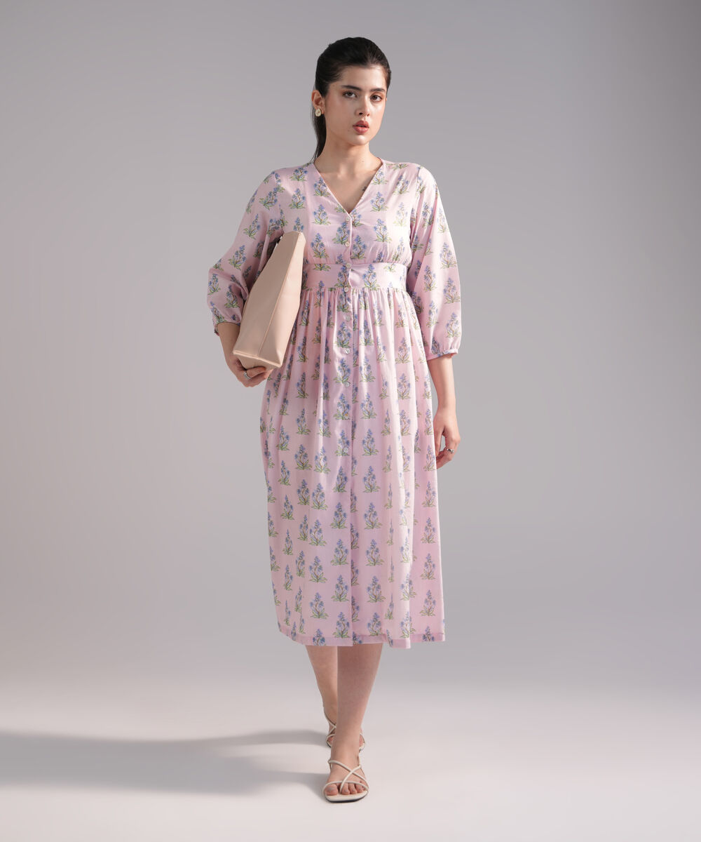 Women's RTW Slub Lawn Printed Pink Dress Shirt