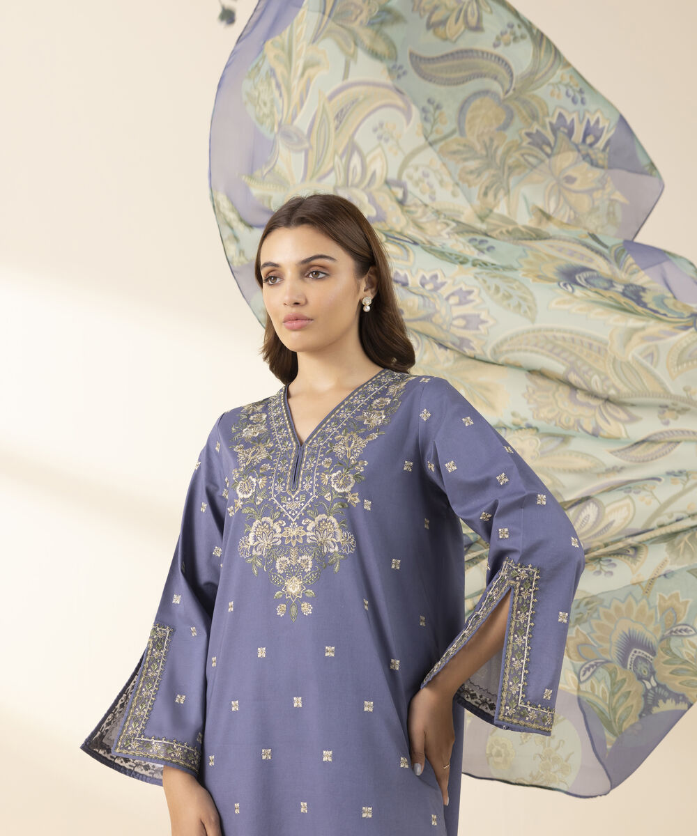 Unstitched Women's Blue Textured Lawn Shirt Dupatta