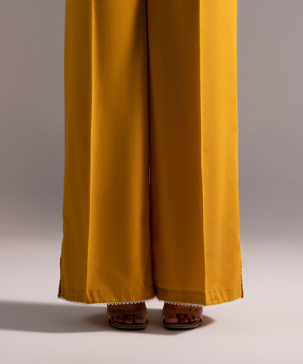 Women's RTW Crosshatch Solid Mustard Yellow Flared Pants