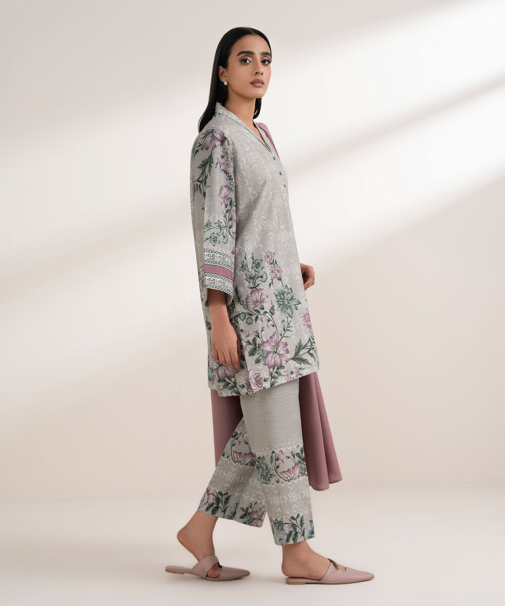 Women's RTW Khaddar Printed Grey 3 Piece Suit