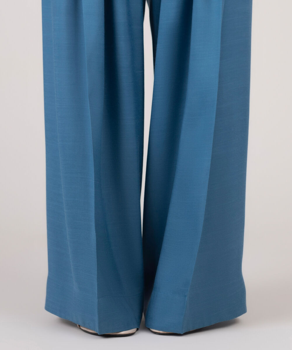 Women's RTW Viscose Raw Silk Solid Blue Shalwar